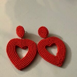 Red Beaded Heart Drop Earrings - Women Jewelry